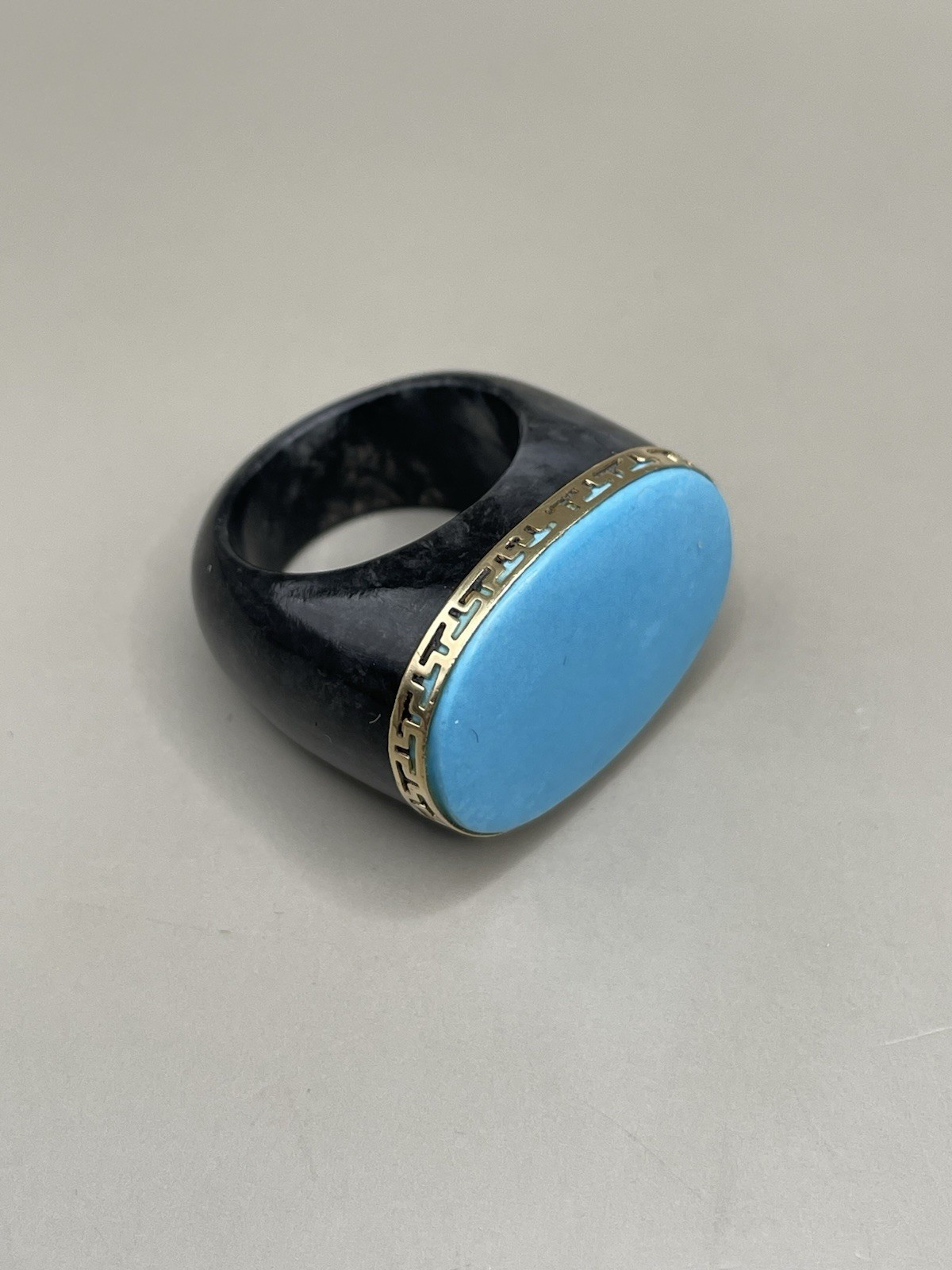 Vintage signed “GSJ” 14K Yellow Gold Black Onyx? Turquoise Statement 8 Ring