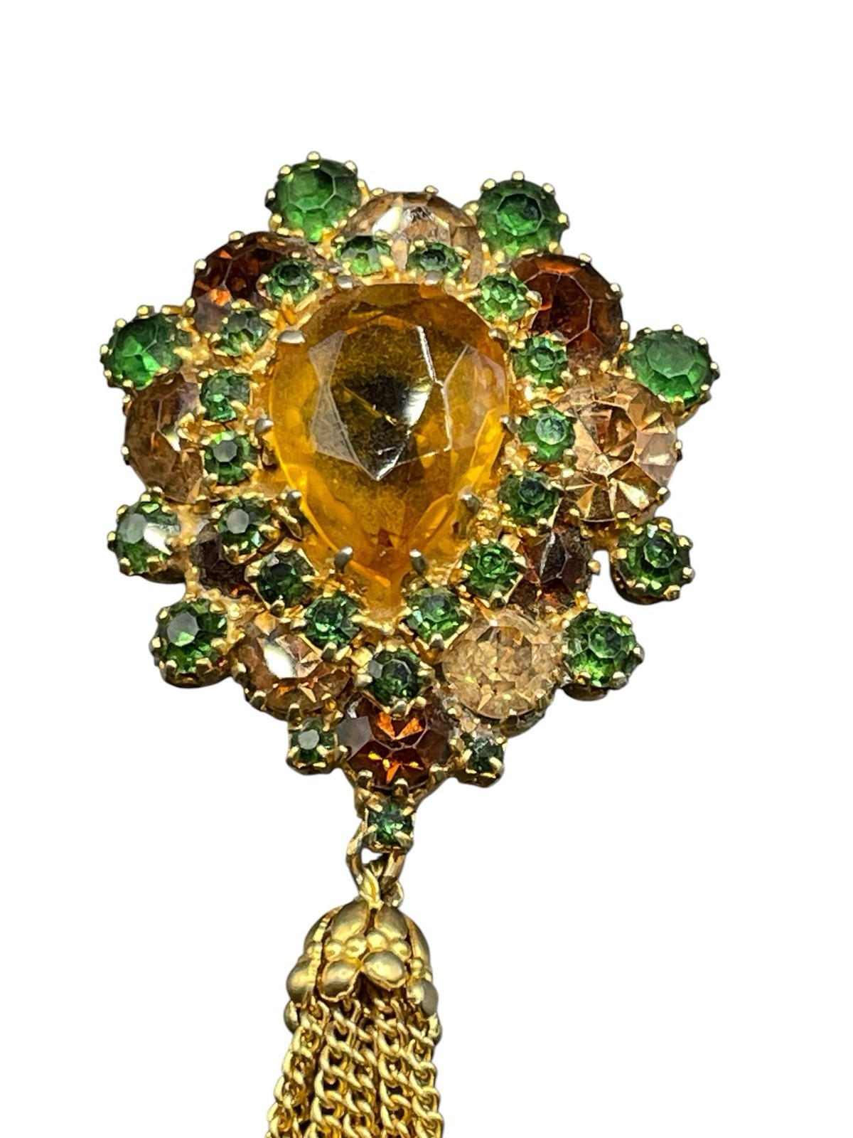 Vintage Domed Tassel Prong Set Austrian Crystal Brooch Gold Toned