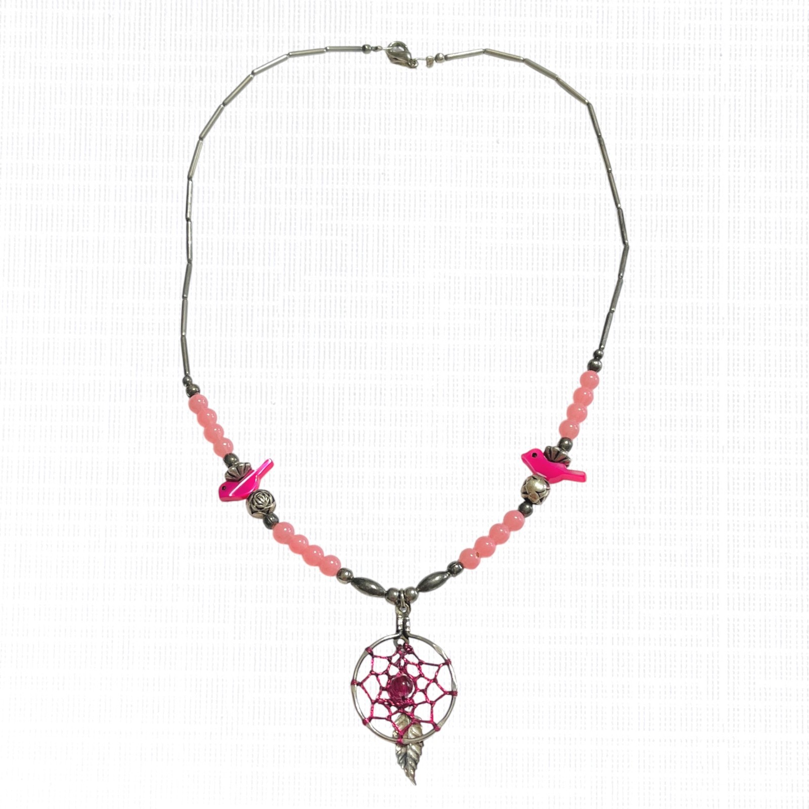 VTG Dreamcatcher Necklace Silver Tone Pink Bird Beaded Choker Southwest Handmade