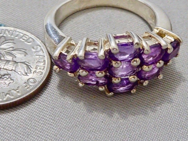 VINTAGE MINED ROUND FACETED AMETHYST CLUSTER RING SIZE 7 STERLING RING