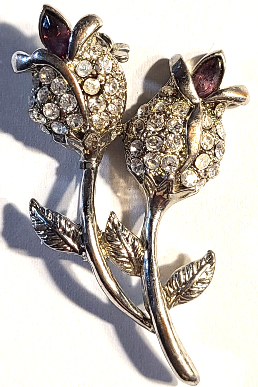 VINTAGE STUNNING MULTICOLOR CRYSTAL PRETTY FLOWERS PIN BROOCH