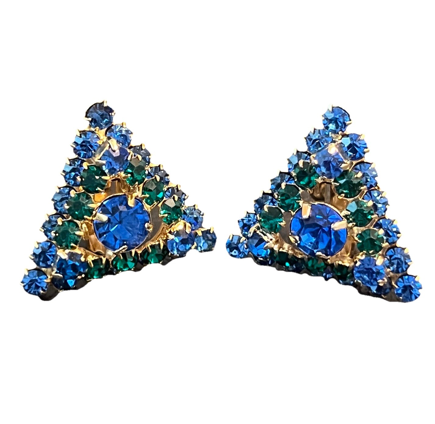 Vivid & Fancy Blue Green Rhinestones Clip On Earrings In Triangles