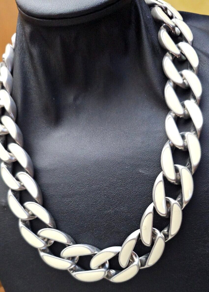 Vintage Silver tone White Enamel 3/4″ Wide link Necklace 19″