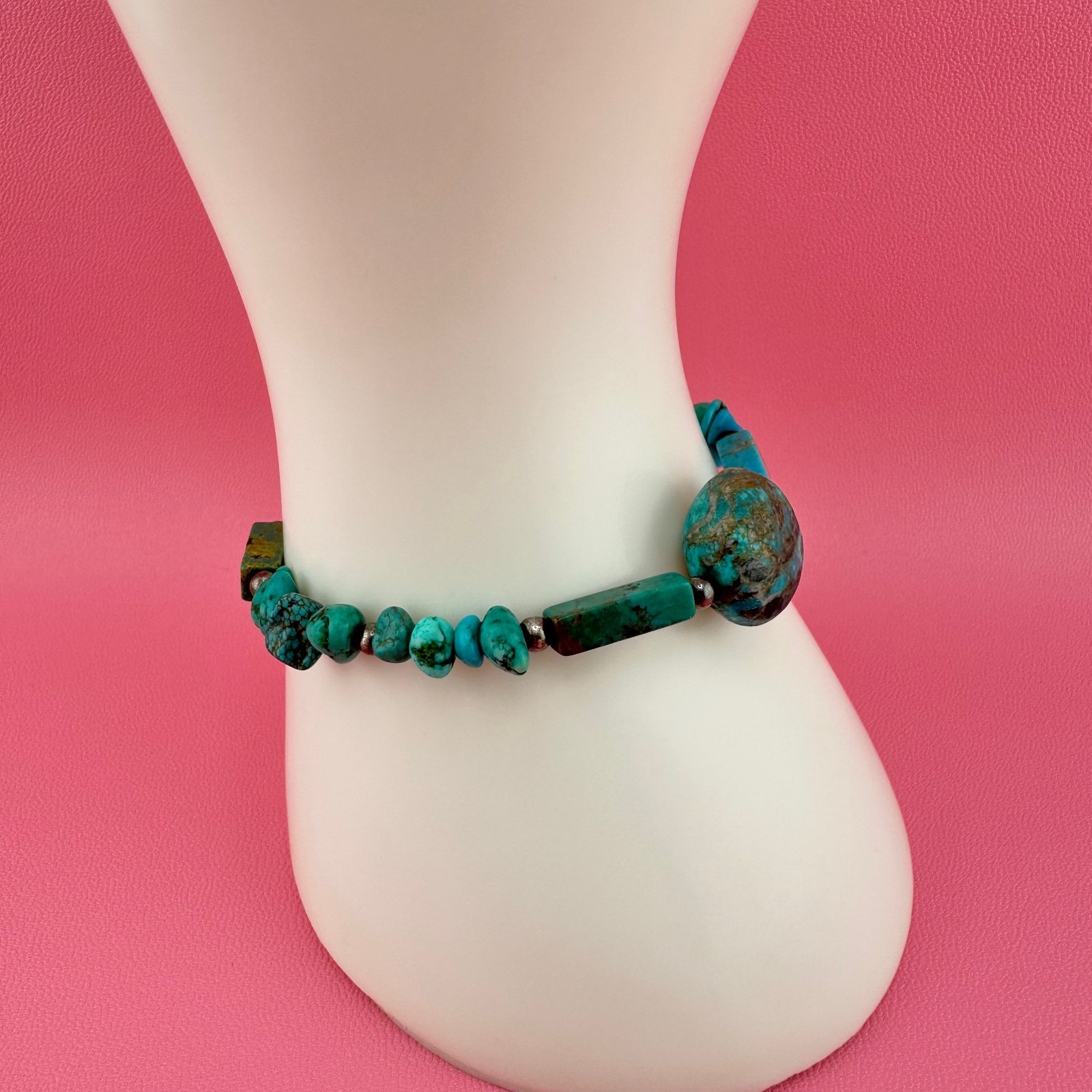 Vintage Turquoise Bead Sterling Silver Bracelet Blue Green South Western 6.25″