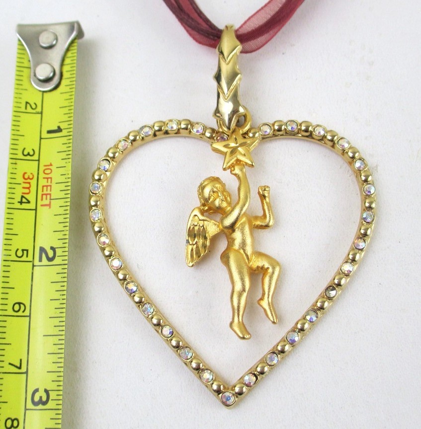 Vintage Gold Cherub Angel AB Rhinestone Heart Necklace LR 1996 Lady Remington