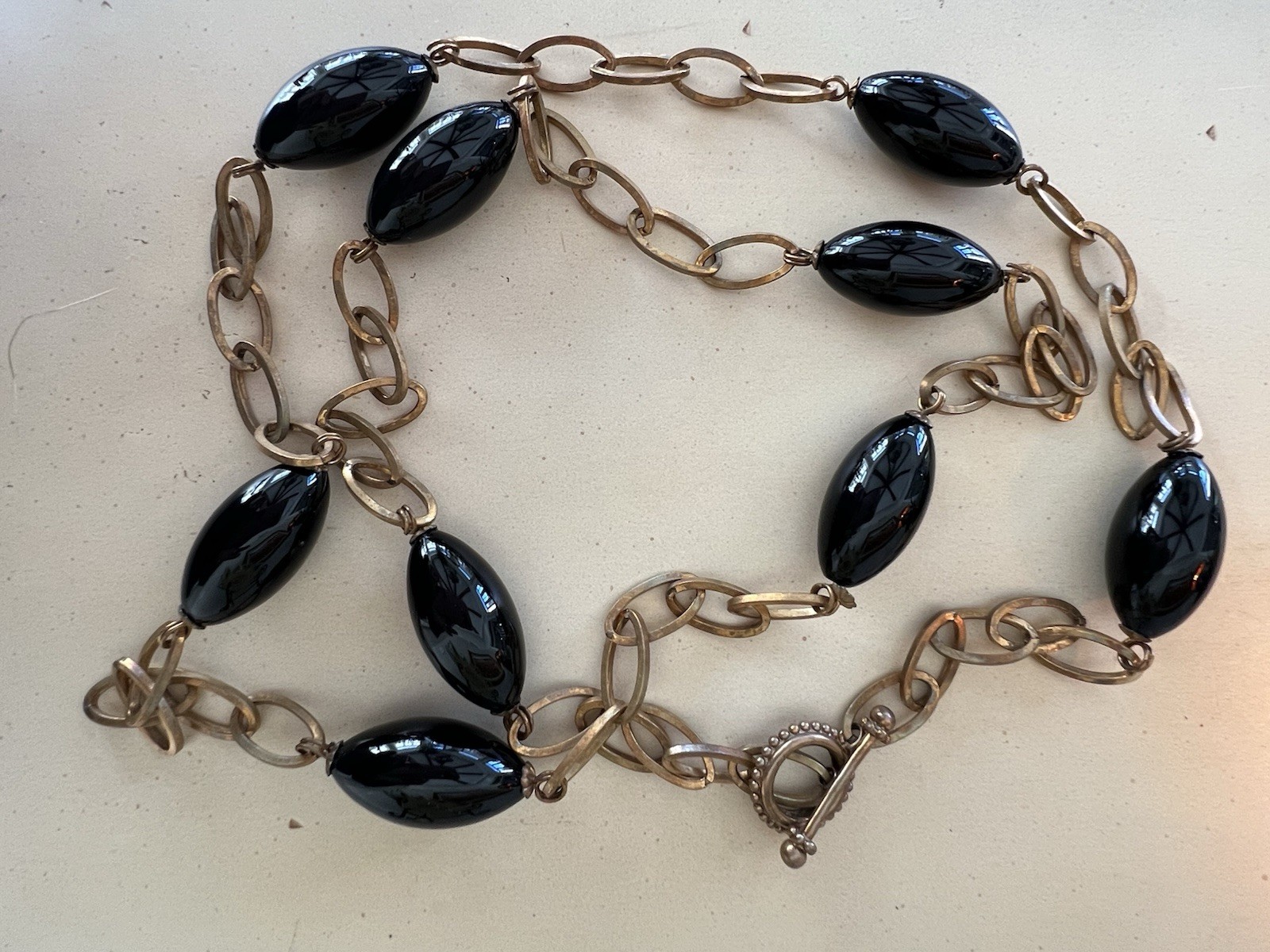 Stephen Dweck Necklace Onyx Beads and Brass Linked 40” Chain