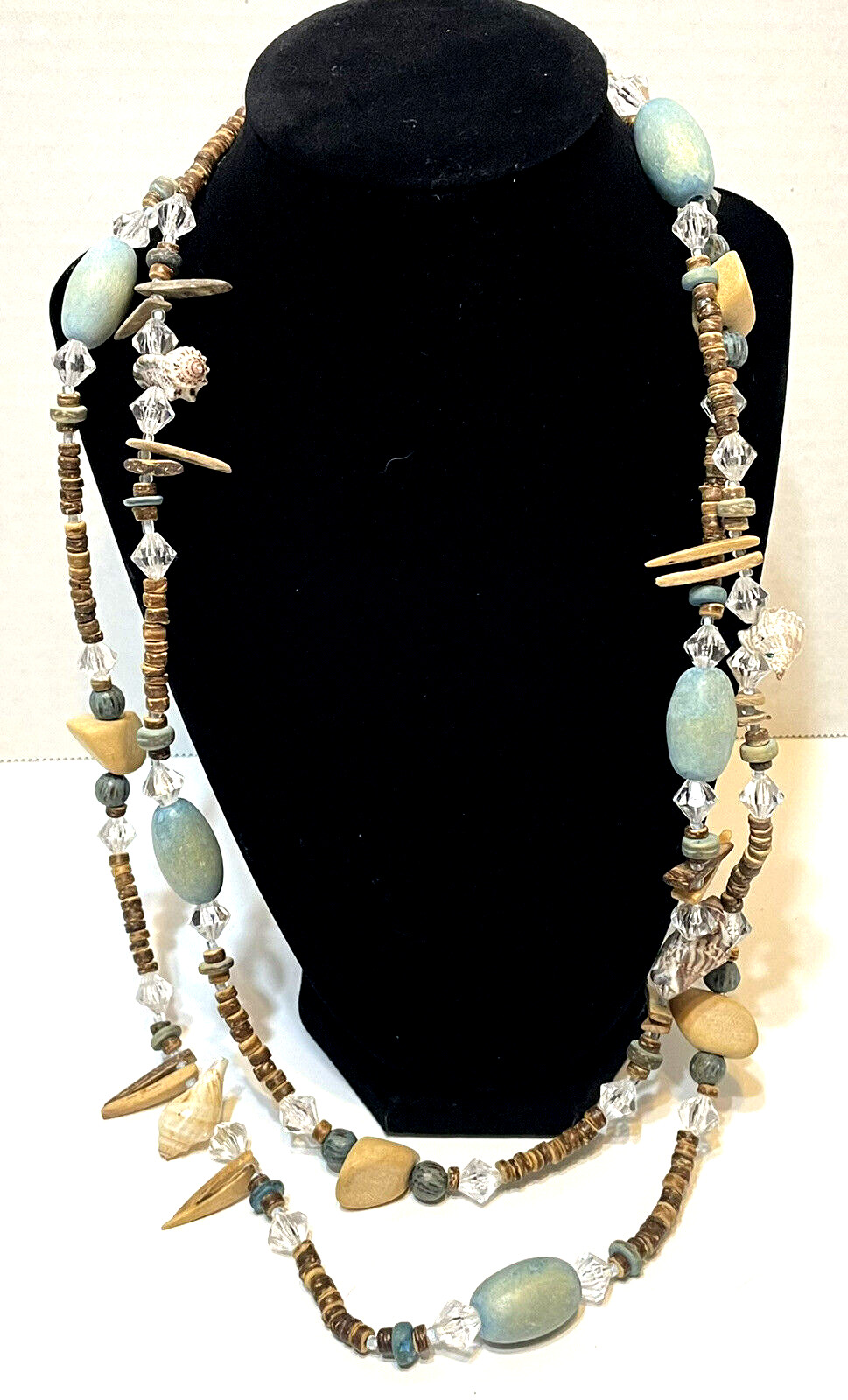 Womens Necklace Wood and Glass Beads Shells Slip Over 27 Inches Multicolor