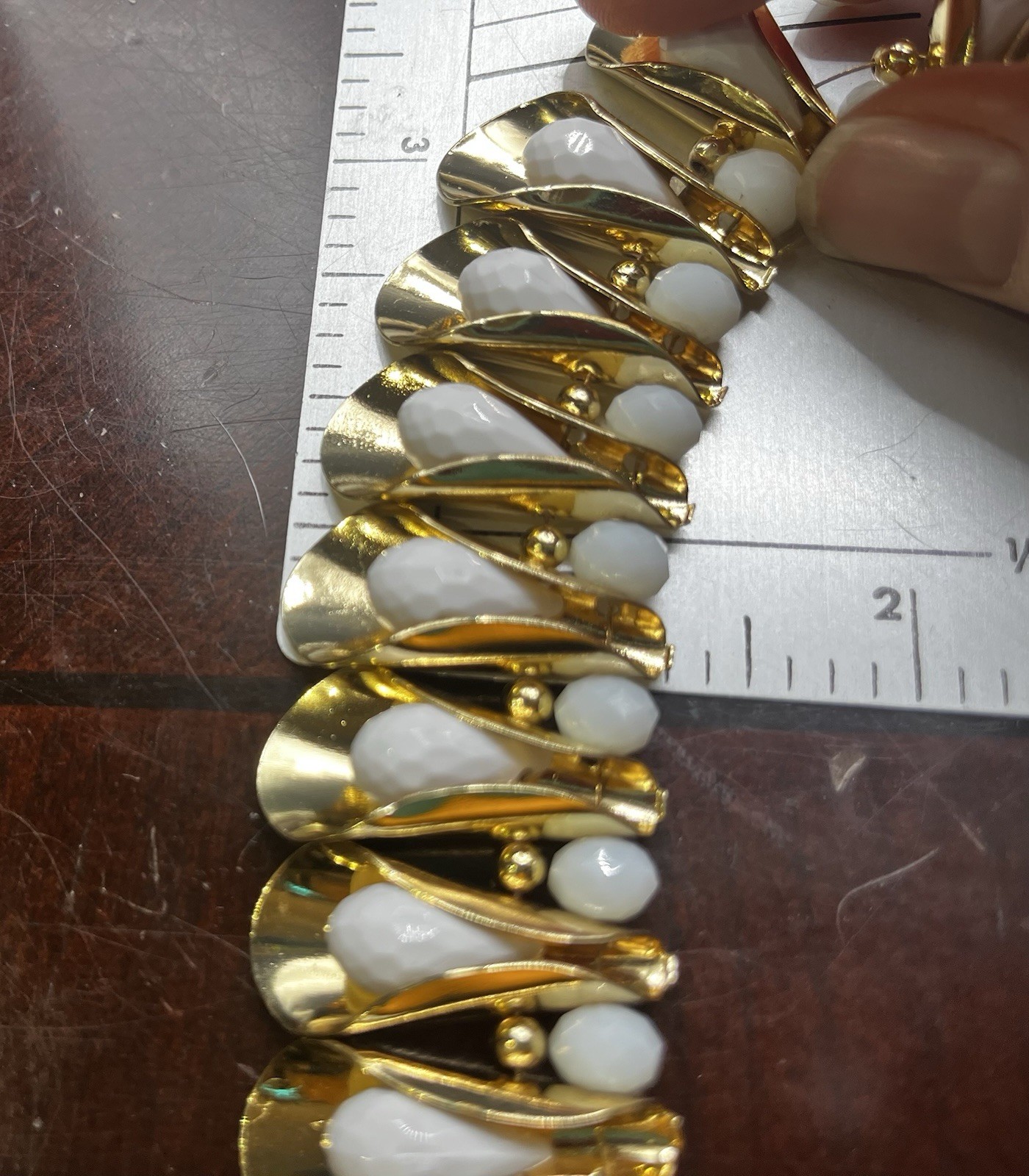 Miriam Haskell Faceted White Beaded Fluted Gold Tone Statement Collar Necklace