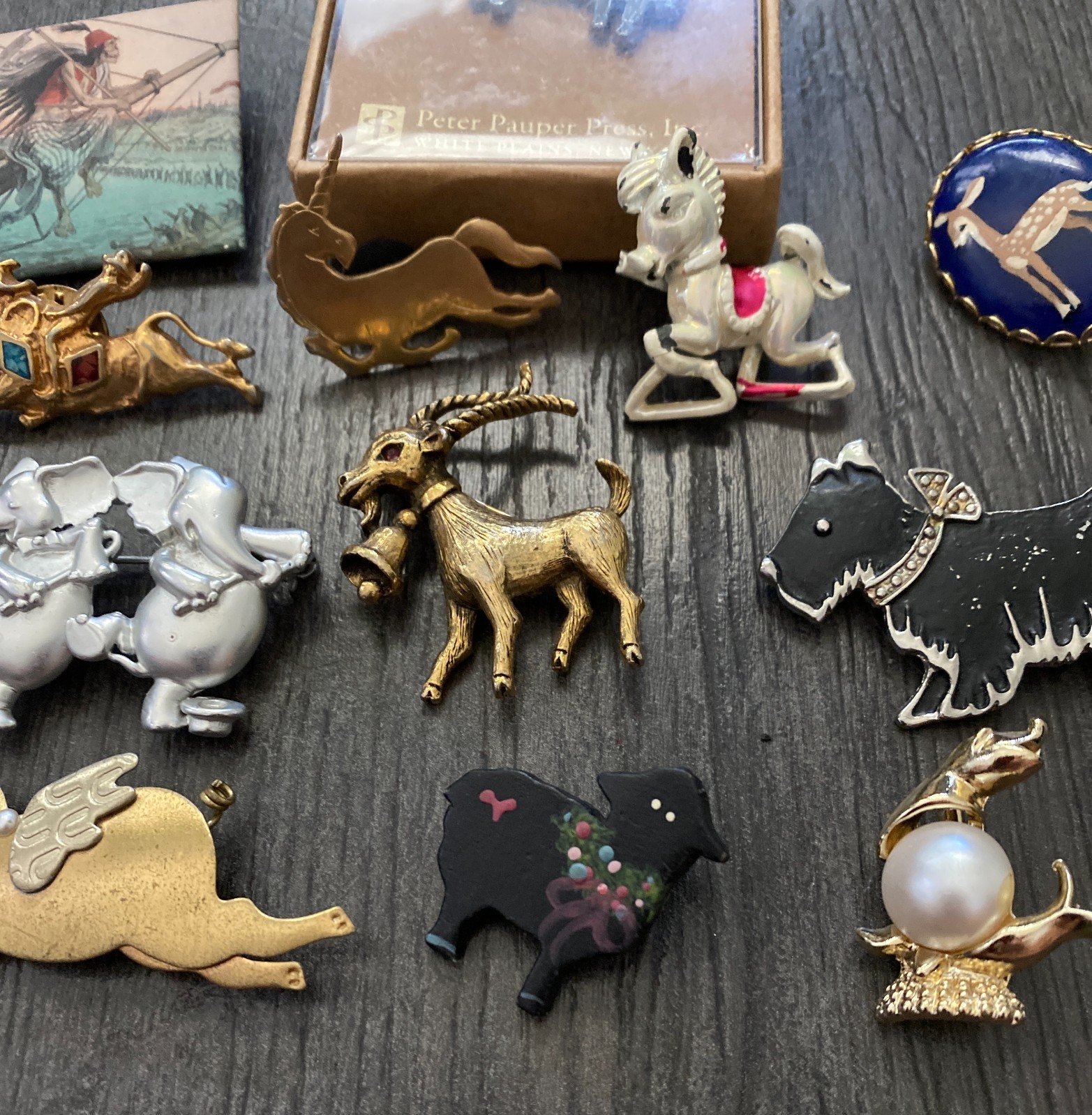Vintage Lot Of 12 Animal Brooch/Pins Mixed Materials Bull-Sheep-Pig-Dog-Seal Etc