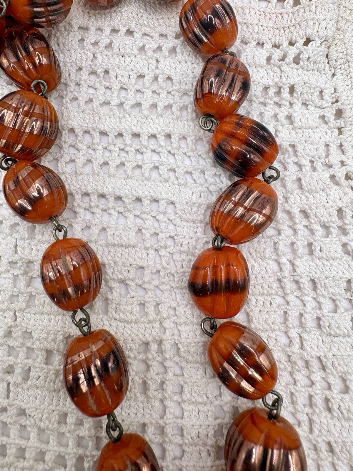 Vintage Czech Melon Foil Glass Graduated Necklace Lampwork Pumpkin 28”