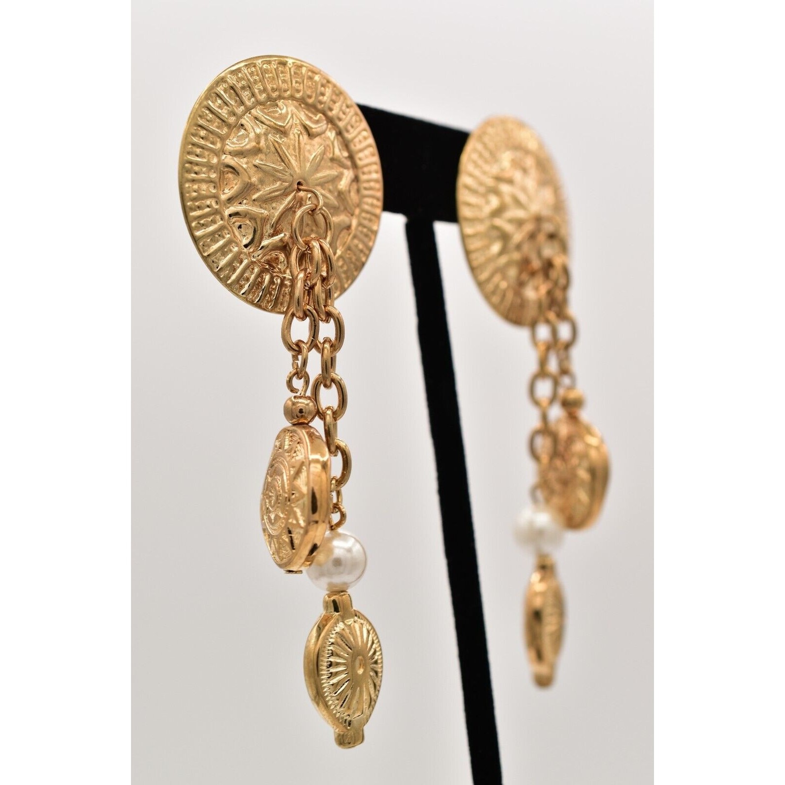 Vintage Coin Dangle Chain Earrings 3″ Pearl Etruscan Gold Chunky NOS 80s BinA18