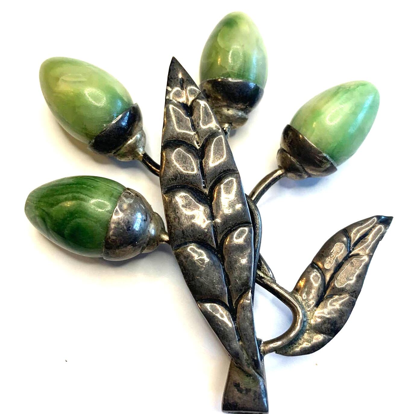 Vintage Mexico Silver and Green Agate Flower Bud Brooch Pin