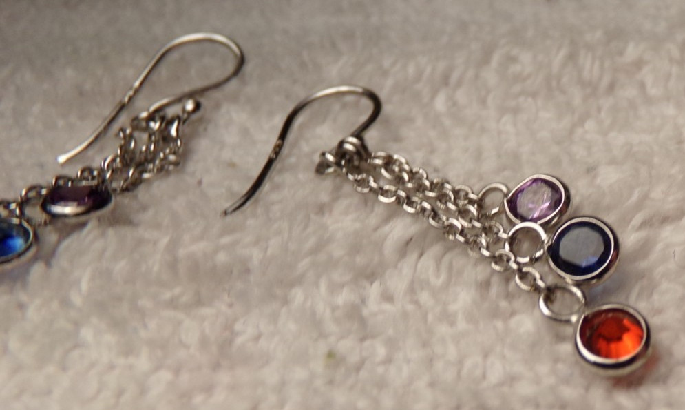 VTG SIGNED STERLING SILVER DROP CHAIN RED BLUE PURPLE CZ DROP PIERCE EARRINGS