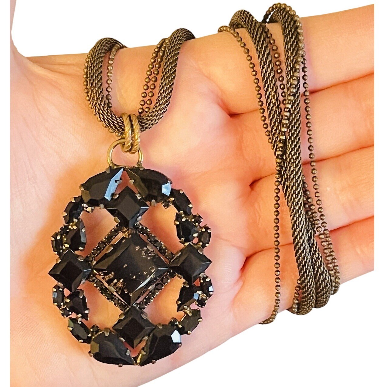 Vtg Victorian Goth Necklace Bronze Metal Crystal Rhinestone Mesh Chain 80s