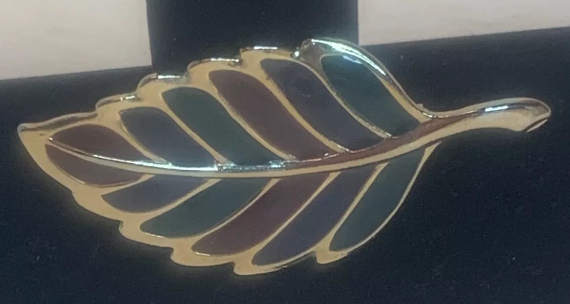 Gold Colored Metal, Red and Green Enameling, Leaf Pin/Brooch, Fall, Christmas