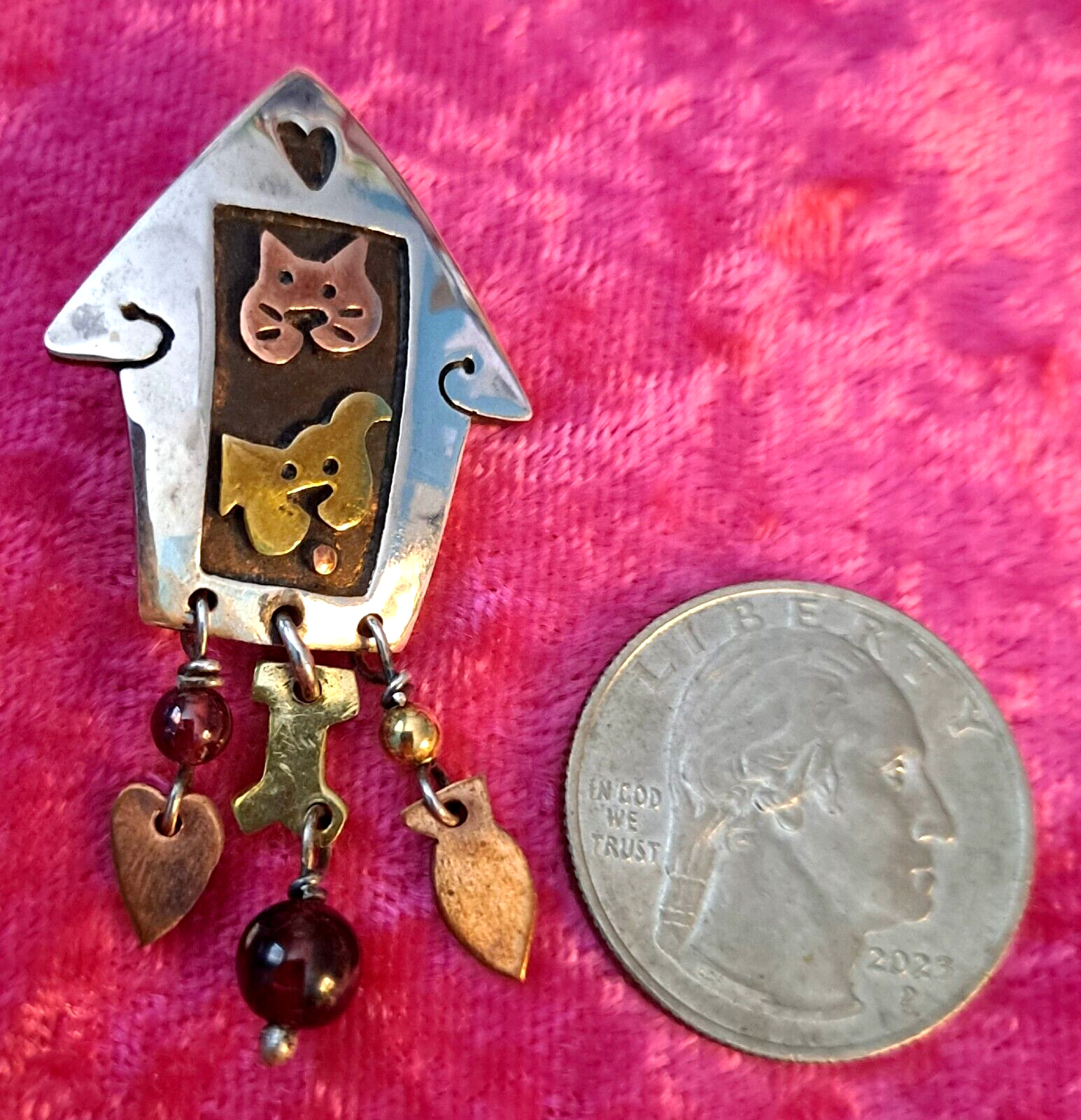 Vtg Far Fetched Dog Cat in A House Pin Sterling Silver Mixed Metals 3-D Mexico