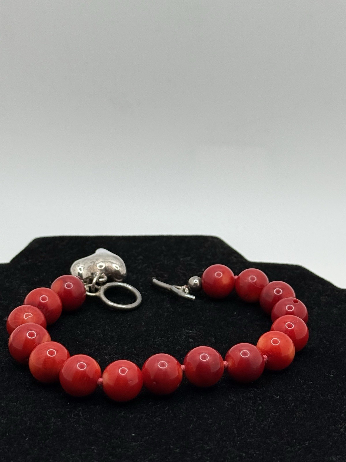 Vintage Sterling Silver Heart Bracelet Red Onyx Stones Toggle Closure 8”