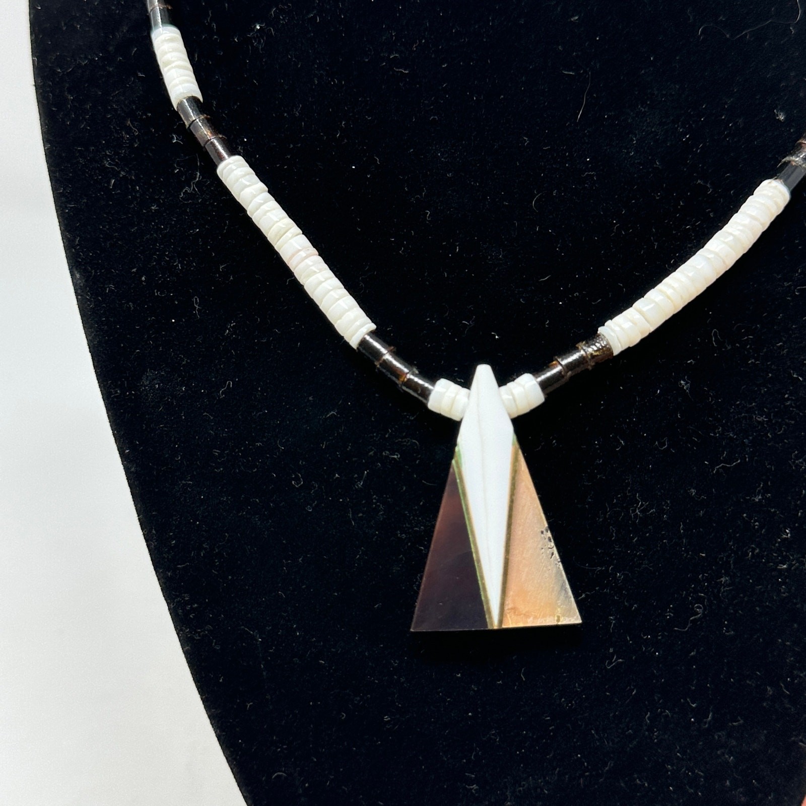 VTG Heishi Beaded Necklace With Triangular Stone Inlay Pendant Black White Brown