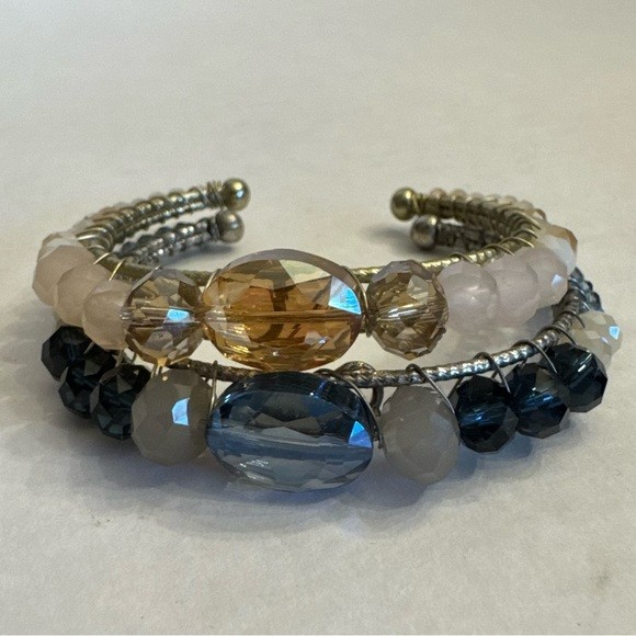 LOT of 2 AB Faceted Crystal Cuff Bracelets Pink and Blue Jewelry Bundle
