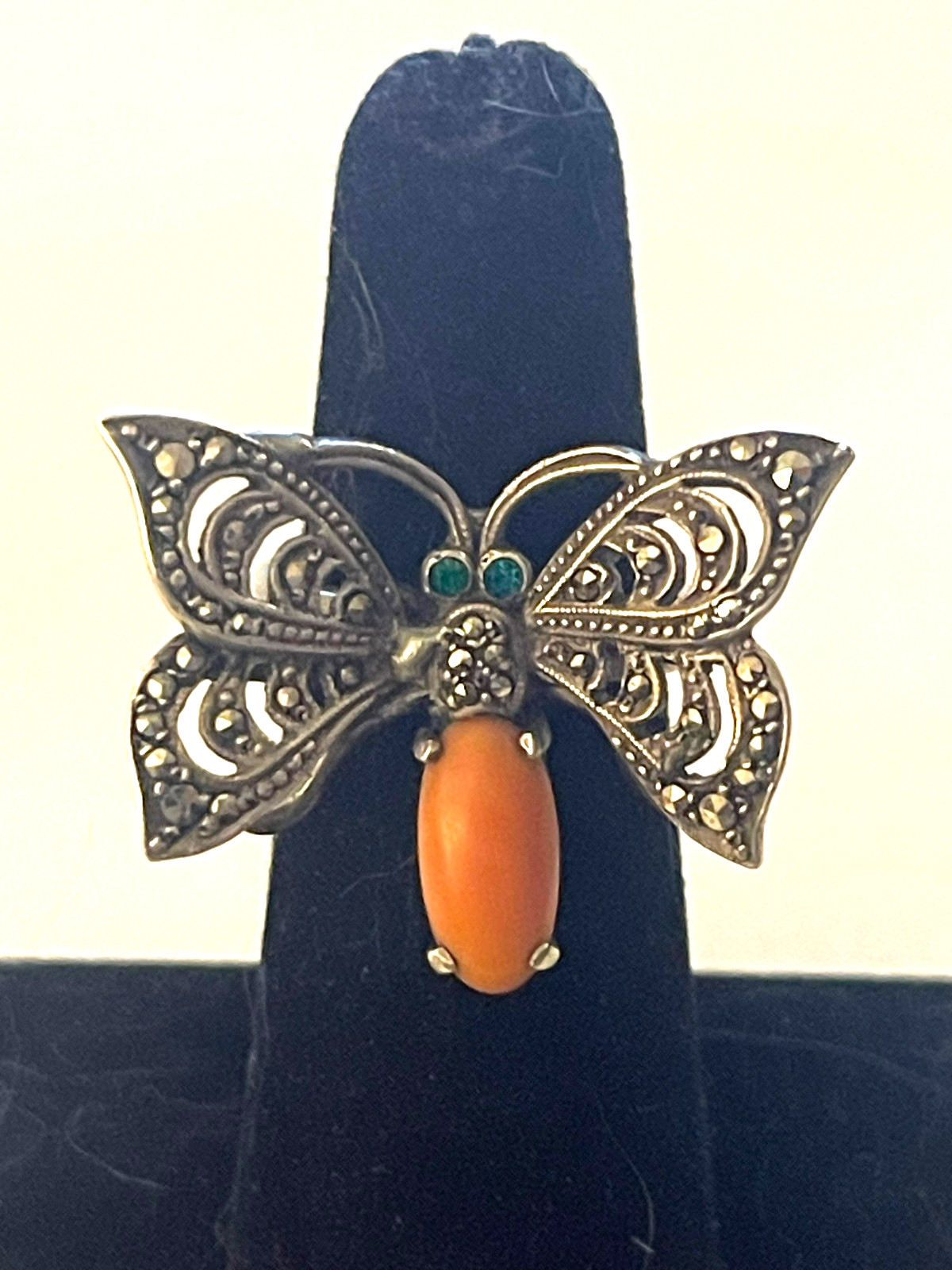 Antique LOVELY S/S Marcasite Coral Butterfly Ring Size 7 (8.1gr) Unusual AS-IS