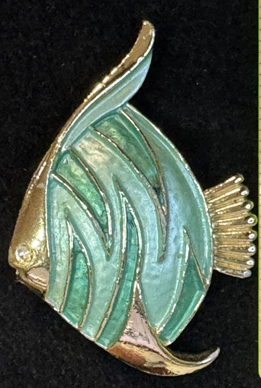 Angel Fish Brooch Pin with Aqua Enamel Finish and Gold Accents Vintage