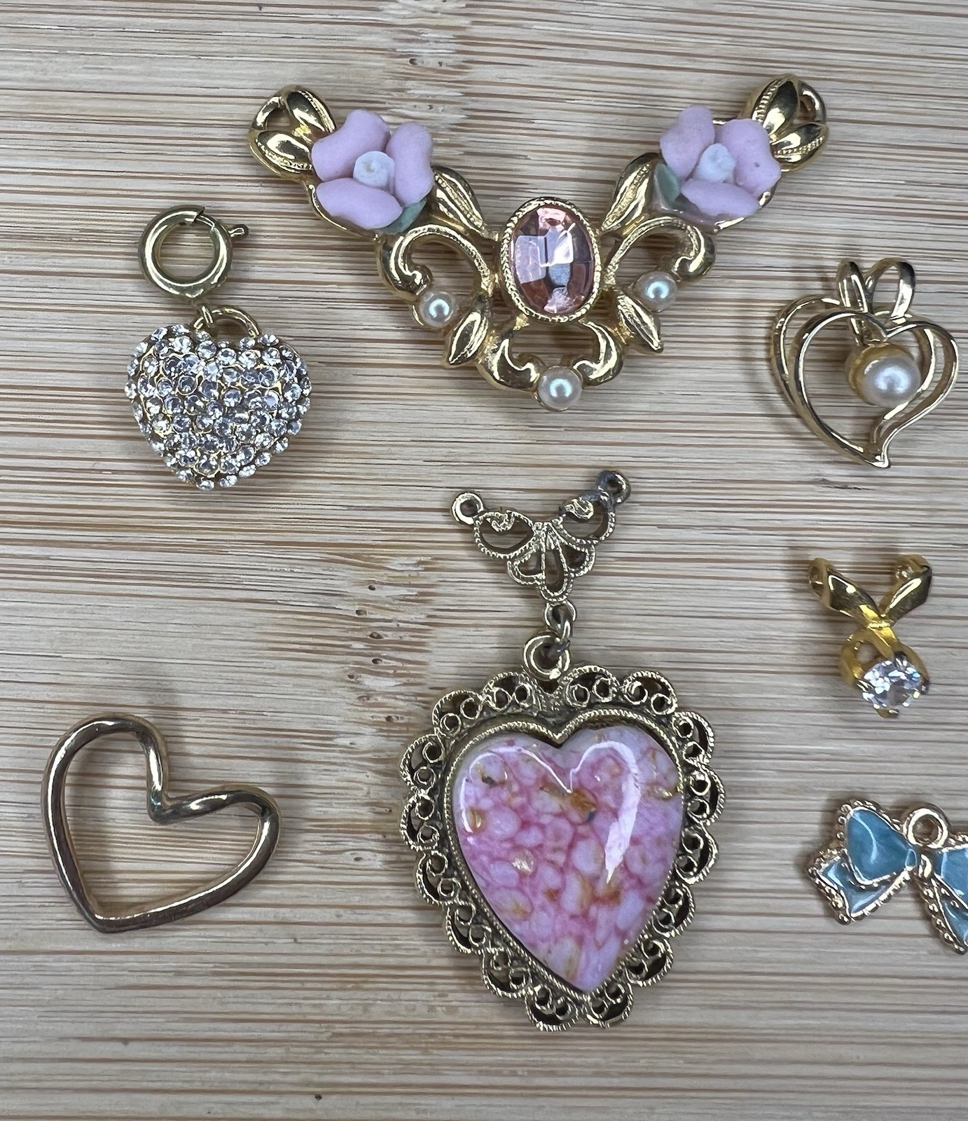 7 Pc Gold Tone Pendant Charm Lot Pink Hearts & Flowers Clear Rhinestones Dainty