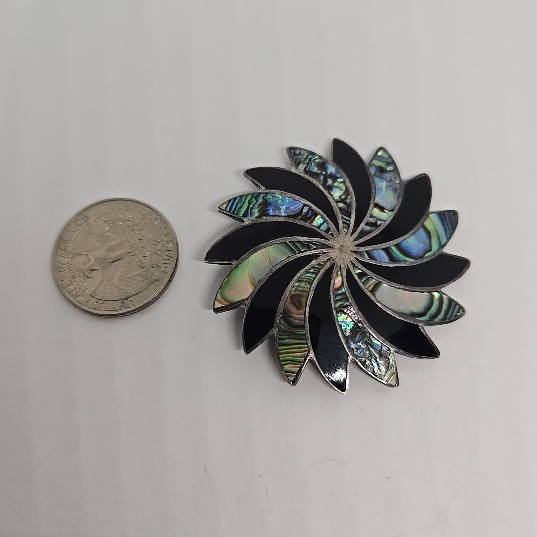 OCAMPO MEX TAXCO STERLING BROOCH W/INLAID ENAMEL & ABALONE SHELL 925 2-1/4″