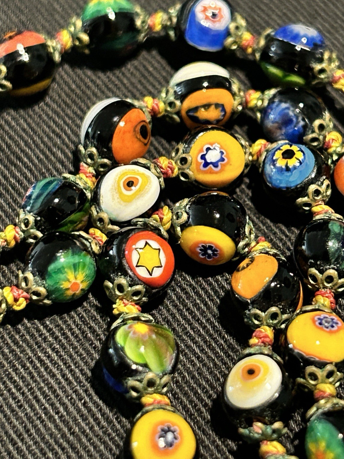 VTG Venetian Colorful Millefiori Glass Beads Knotted Choker Necklace 5mm x 17.5″