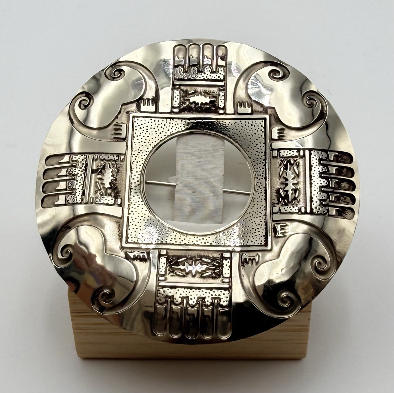 Vtg Modernist Silver Tone Large Circle Brooch Pin Abstract Brutalist Signed AC