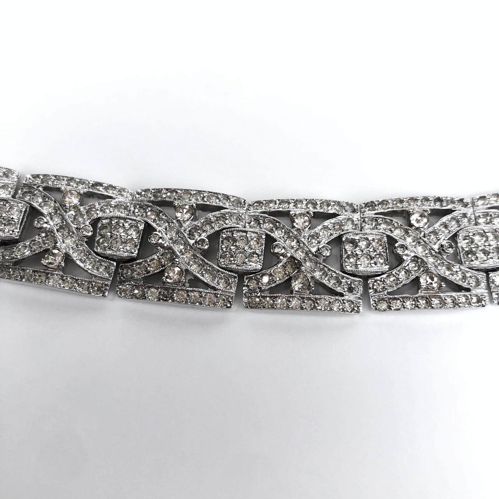 Vintage Art Deco Rhinestone Bracelet Geometric Panels Safety Chain Clasp