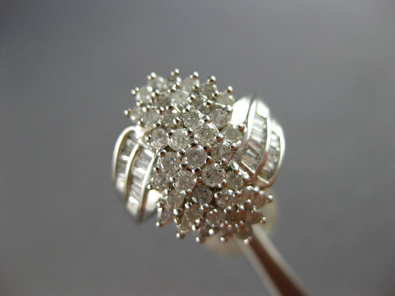 LARGE 1.52CT DIAMOND 14KT WHITE GOLD 3D ROUND & BAGUETTE CLUSTER FLORAL FUN RING