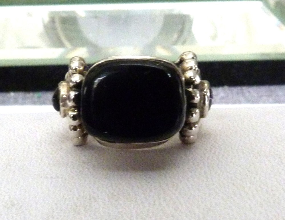 CLASSIC BLACK ONYX GEMSTONE CABOCHONS STERLING SLVER BEADED RING SIZE 8 1/2