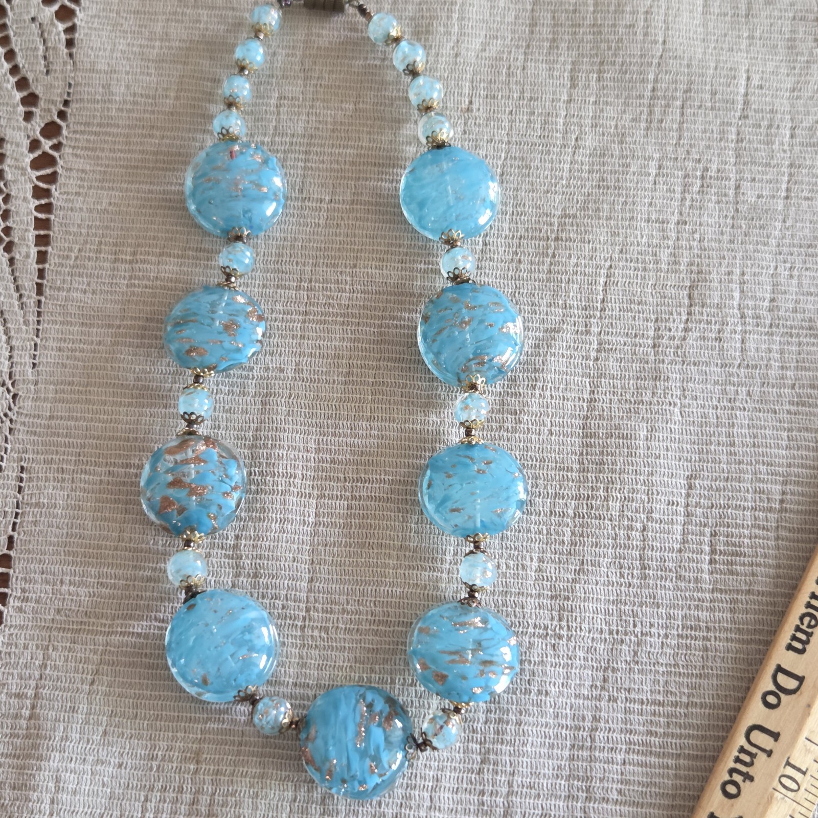 Vtg Light Blue Gold Foiled Venetian Art Glass Necklace & Clip-On Earrings Italy