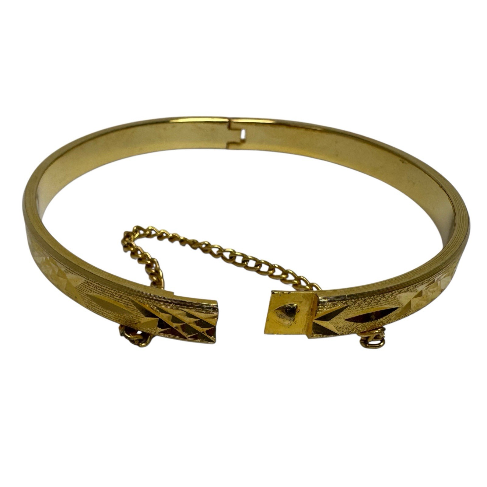 Vintage Gold Tone Hinged Bangle Bracelet Textured Finish w/ Diamond Cut Design