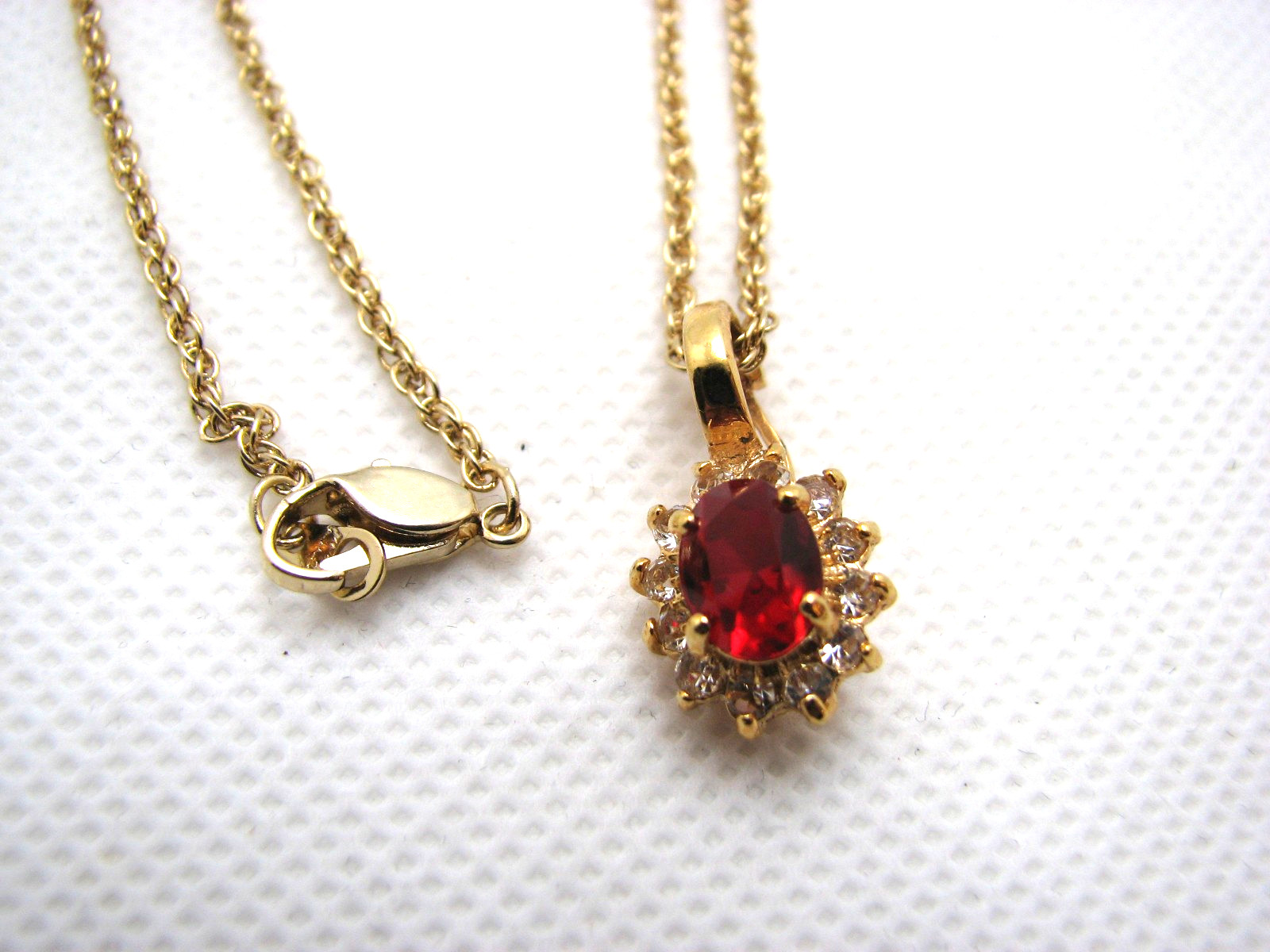Vintage Simulated Ruby & Clear Crystal Pendant Necklace Enhancer Gold Tone