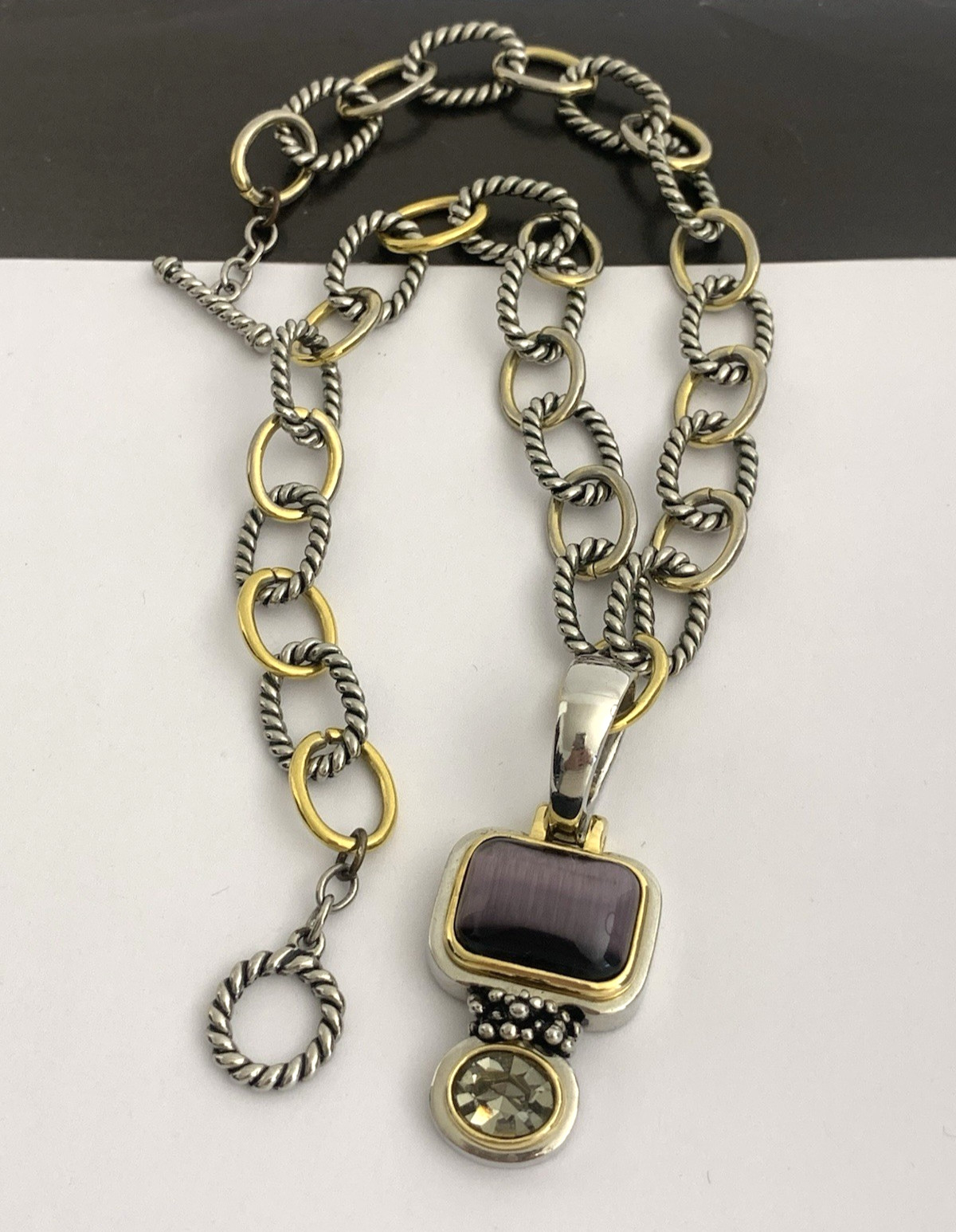 Vintage Silver and Gold Tone Cable Chunky Chain Necklace w/ Purple Stone Pendant