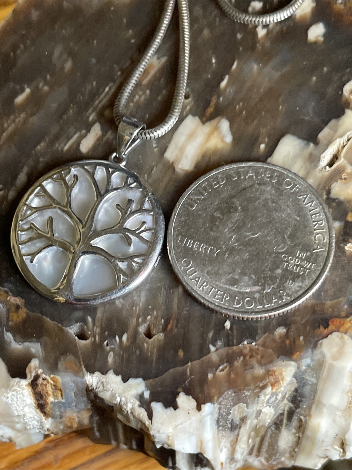 Vintage Sterling Silver And MOP Tree Of Life Pendant Necklace 23”
