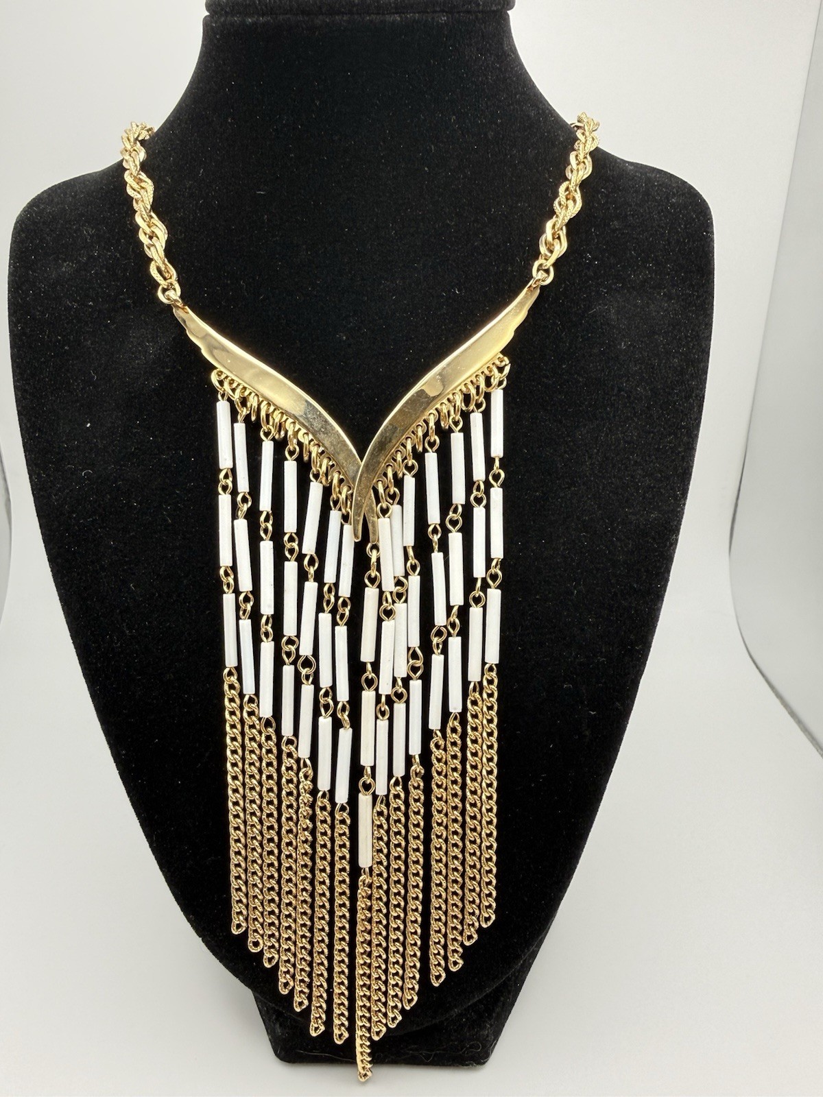 Vintage Beaded Waterfall Fringe Statement Bib Necklace Gold Tone