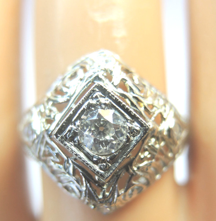 Antique Art Deco Diamond Engagement 18K White Gold Ring Size 5.75 EGL USA