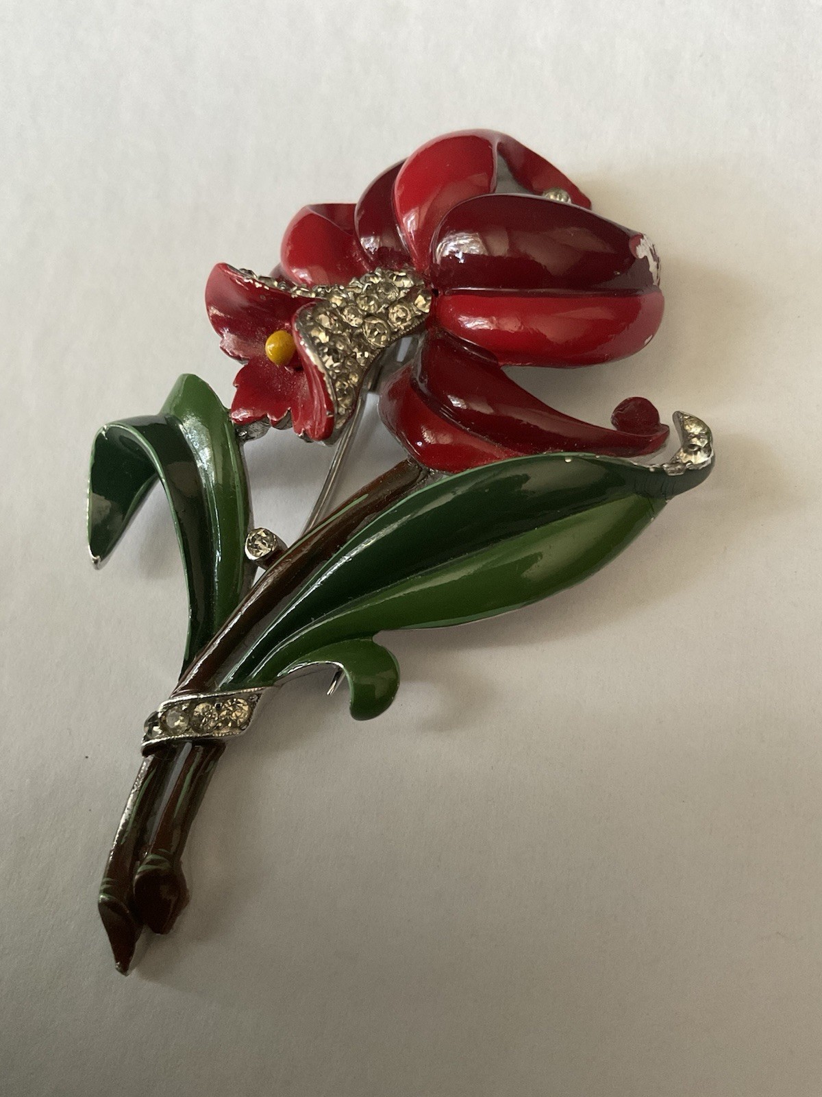 Trifari ‘Alfred Philippe’ Pave and Enamel Red Daffodil Flower Pin Fur Clip