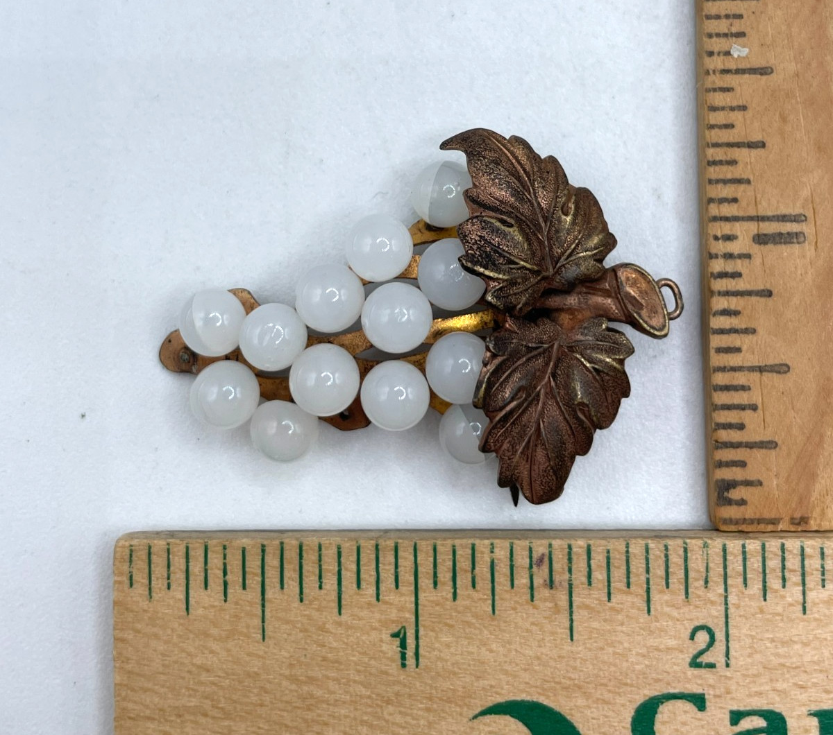 Antique White stone Moonglow Grape bunch Brooch Pendant Copper leaves C-clasp