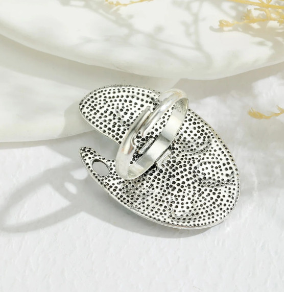 Vintage Silver Geometric Ring Women Oval Colored Stone Adjustable Jewelry