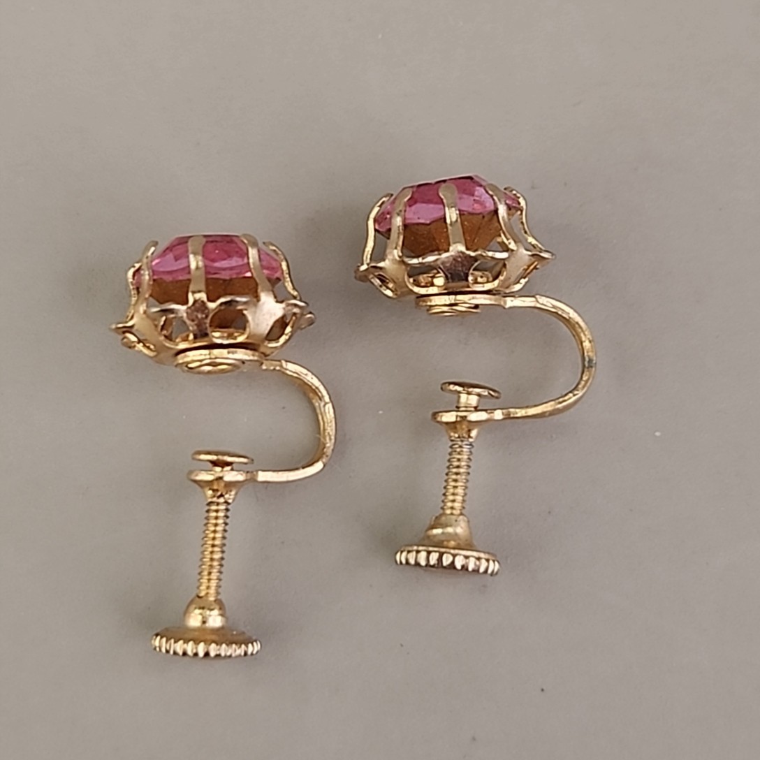Vintage Rhinestone Screwback Earrings Pink Round Gold Tone 1cm