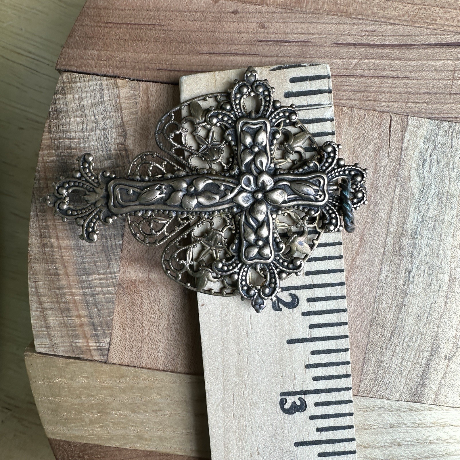 Vintage Christian Cross Pendant 3 Inch Ornate Brass Victorian Style Filigree