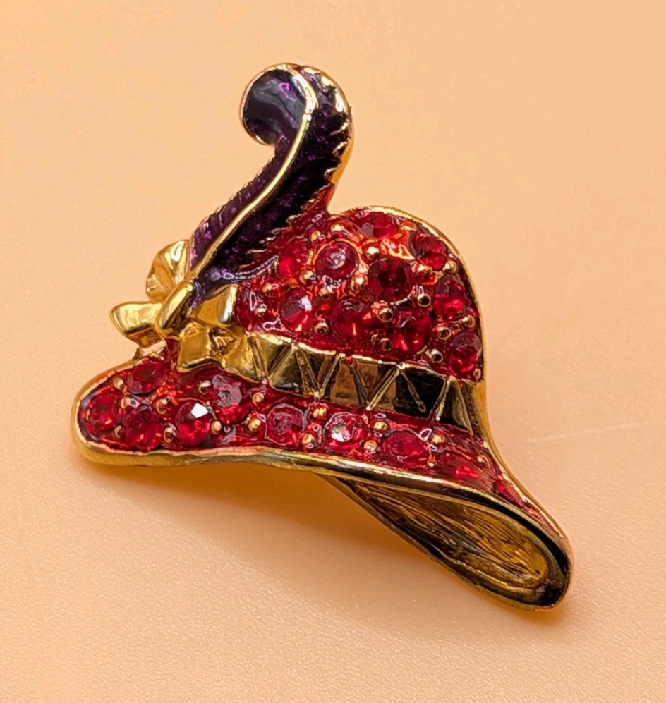Vintage Red Hat Society Purple Enamel Red Rhinestone Accents Brooch Lapel Pin