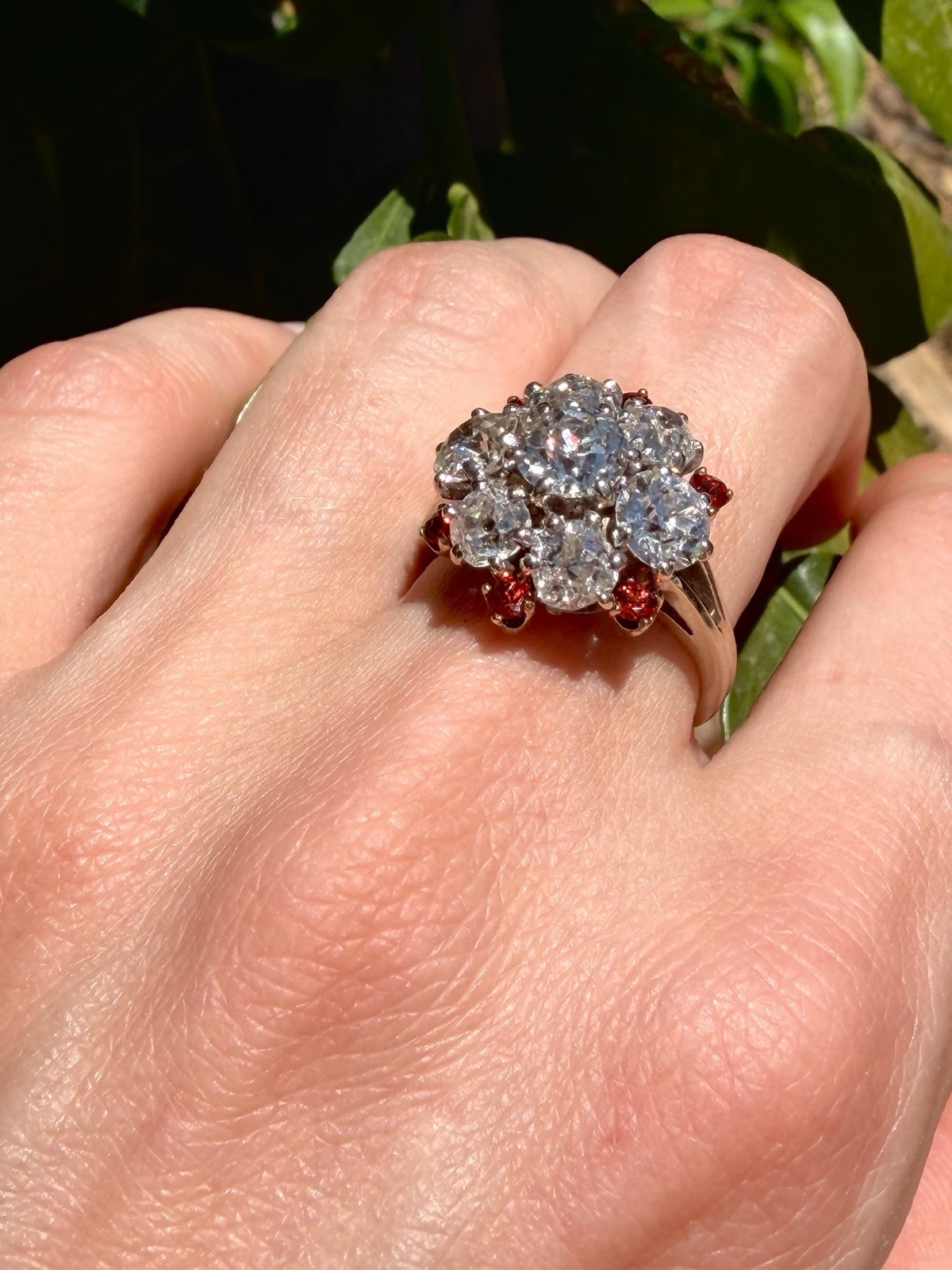 Rare Edwardian 4.43ct Old European Mine Cut Diamond Orange Sapphire Cluster Ring