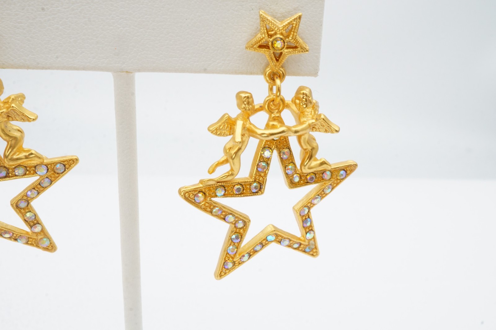 Vintage Earrings Gold Tone Rhinestone Angels Stars