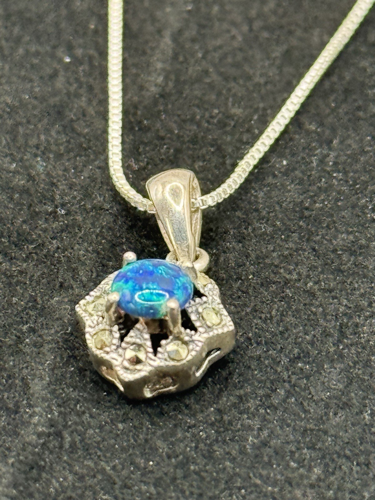 VTG: Sterling Silver925 Pendant Blue-Crafted Opal W/ Marcasite Surroundings 18”