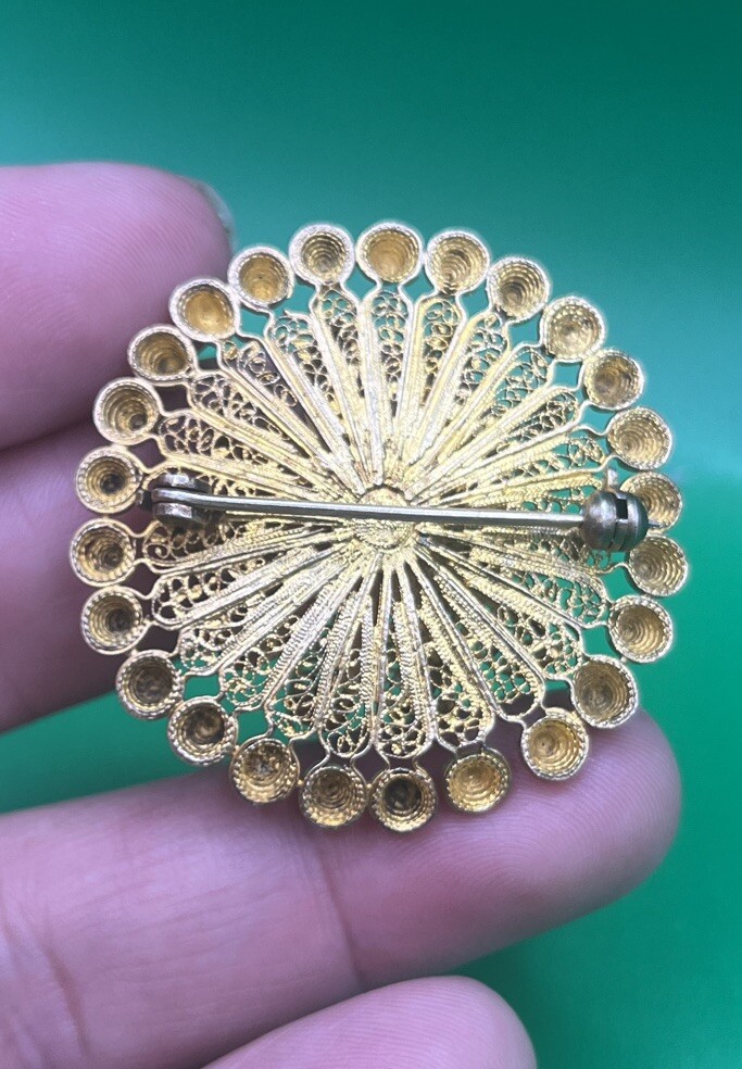Vintage Gold Wash Sterling Filigree Flower Pin Brooch 3D