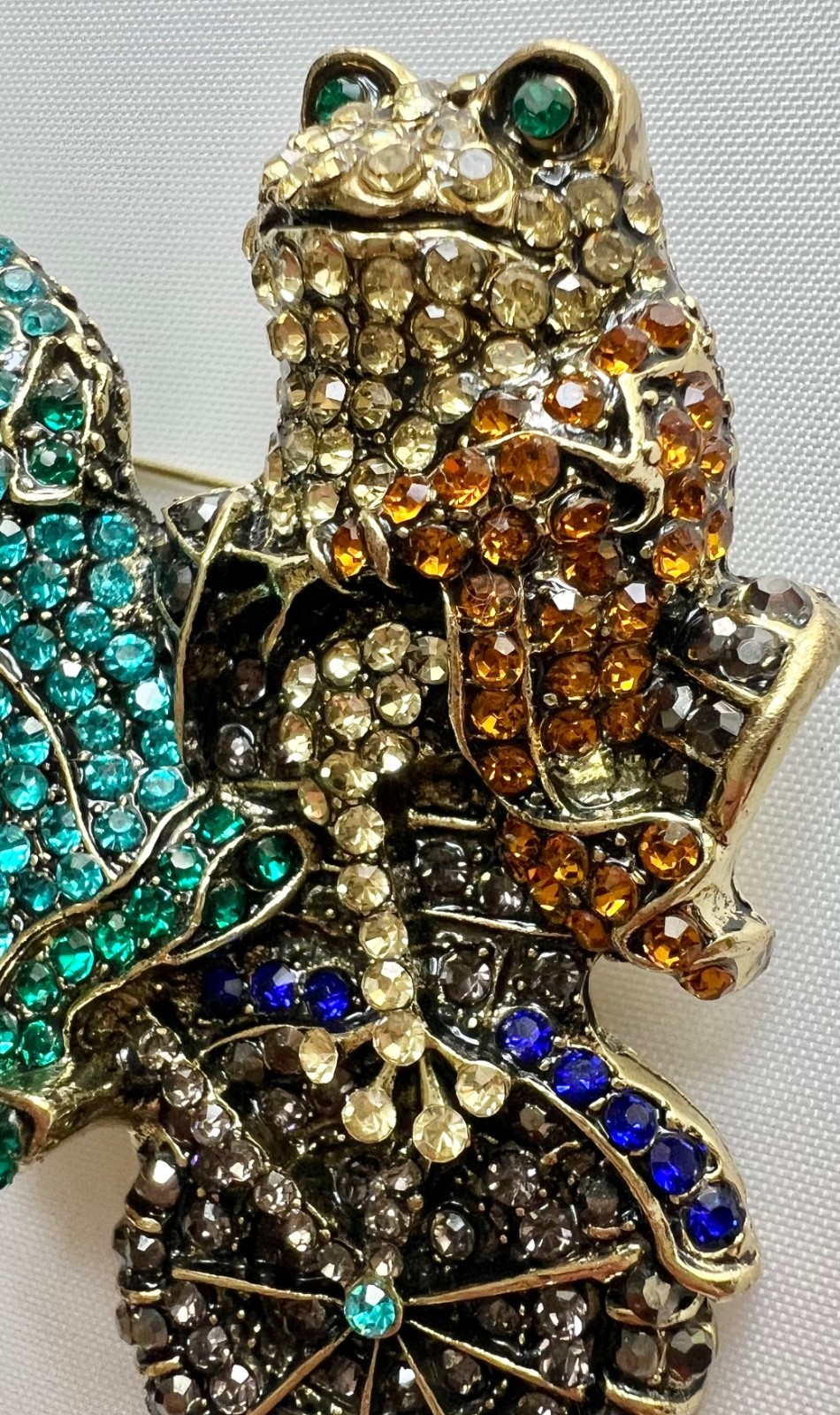 Large Whimsical Frog Pin Rhinestone Toad RIDING bike prince crown vtg Brooch